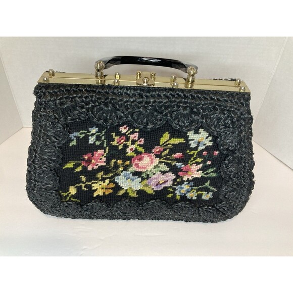 Vintage Tapestry Needlepoint Black Floral Gold Bakelite Granny Purse Handbag